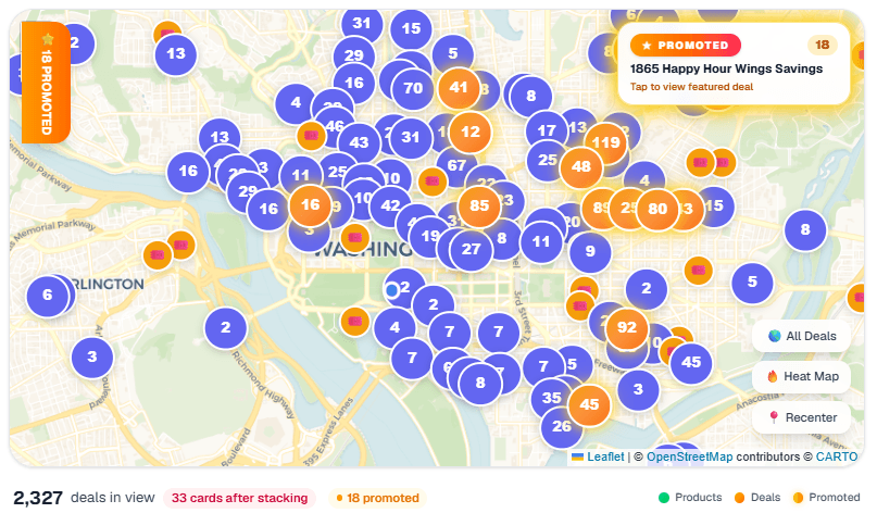 Washington DC Sayvur map filled with deal clusters and promoted pins